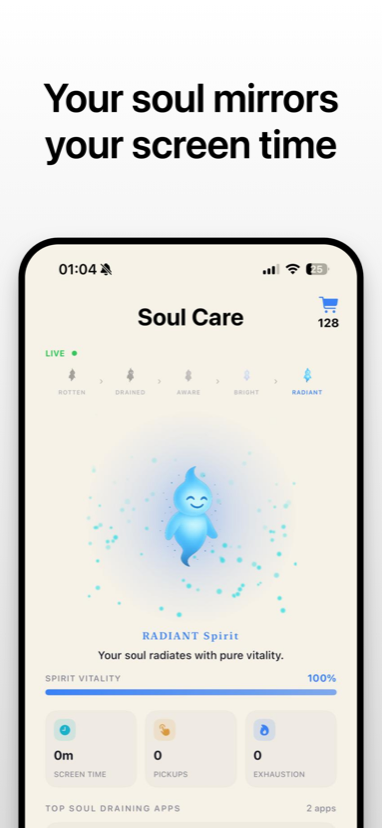 Soul Care dashboard showing a radiant soul and spirit vitality
