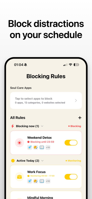 Blocking rules list with schedules and toggles