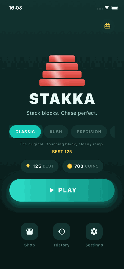 STAKKA home screen with mode picker and play button