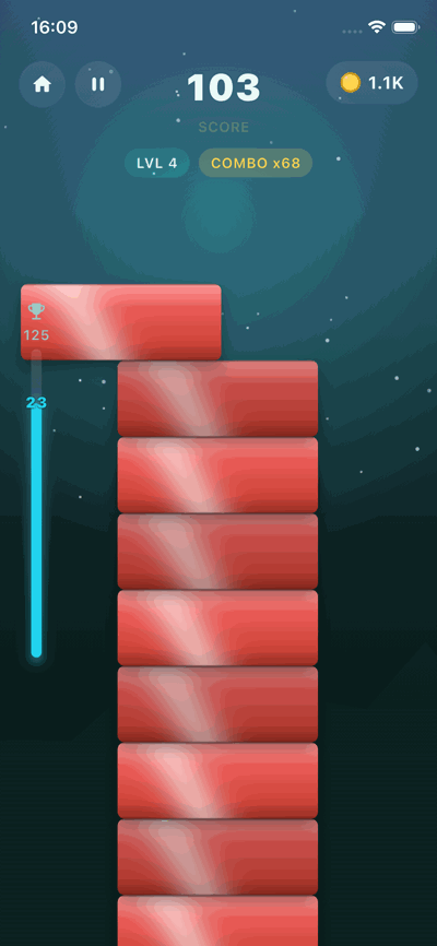 STAKKA gameplay showing score 103, level 4 and a combo of 68