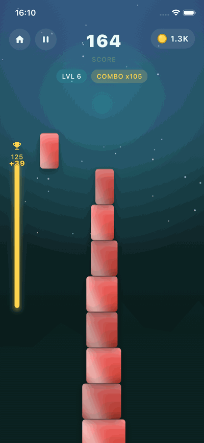 A narrow STAKKA tower past the previous best score