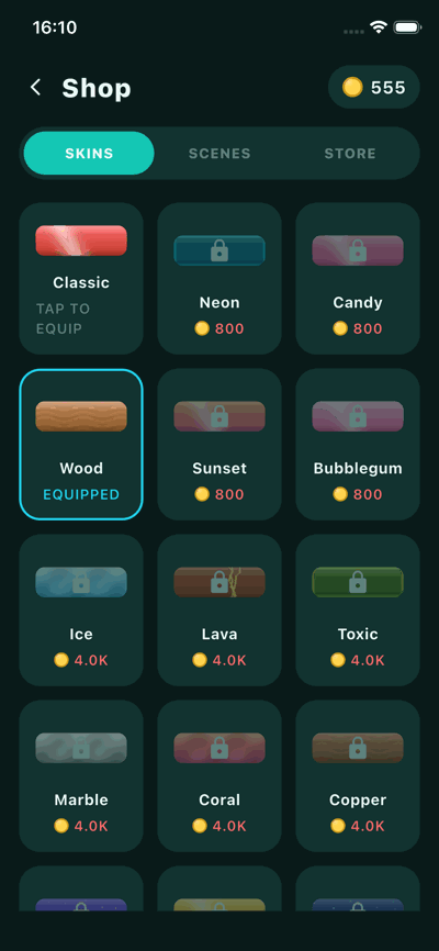 STAKKA shop showing block skins and their coin prices