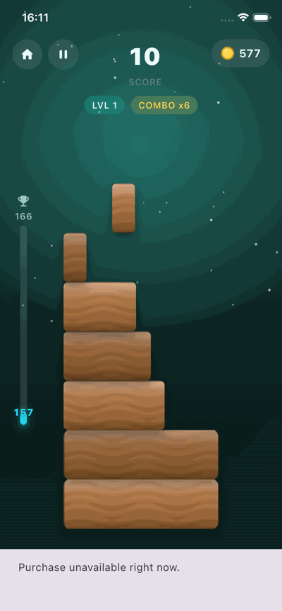 STAKKA gameplay with the wood skin on a teal scene
